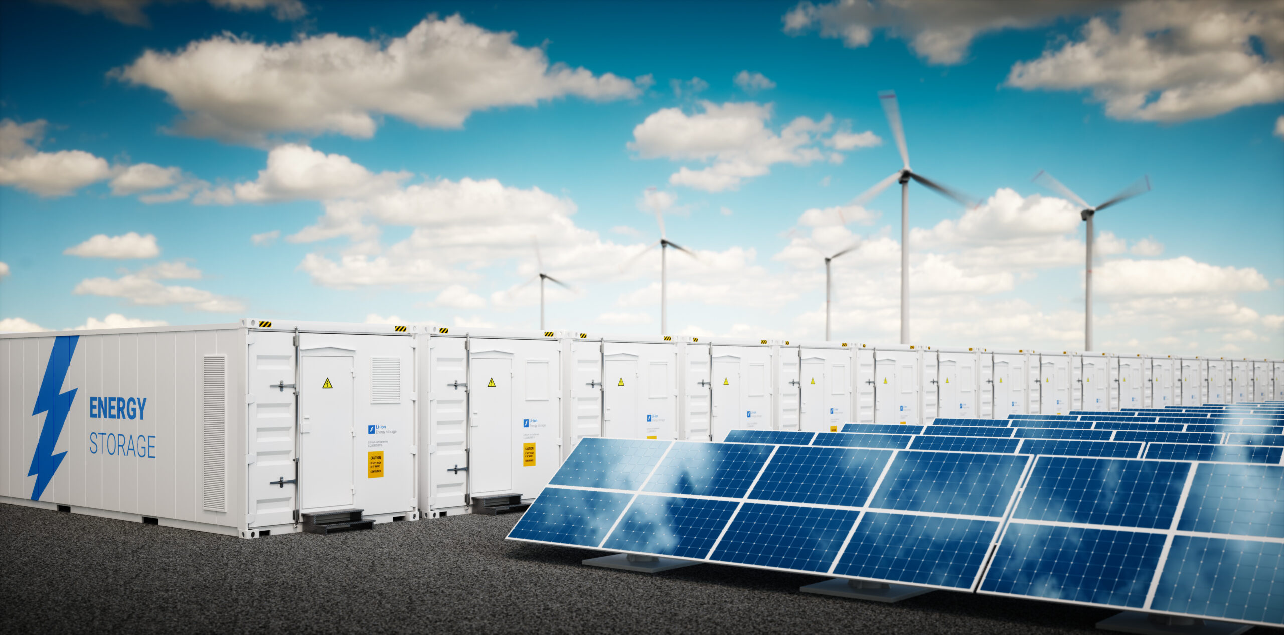 Concept of energy storage system. Renewable energy power plants - photovoltaics, wind turbine farm and battery container. 3d rendering.